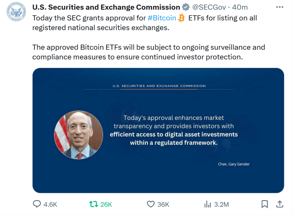 U.S. Securities and Exchange Commission (@SECGov) Bitcoin Approval Tweet